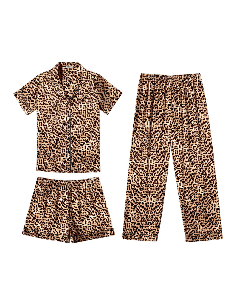 Leopard satin pajama set with short-sleeve button shirt and matching shorts
