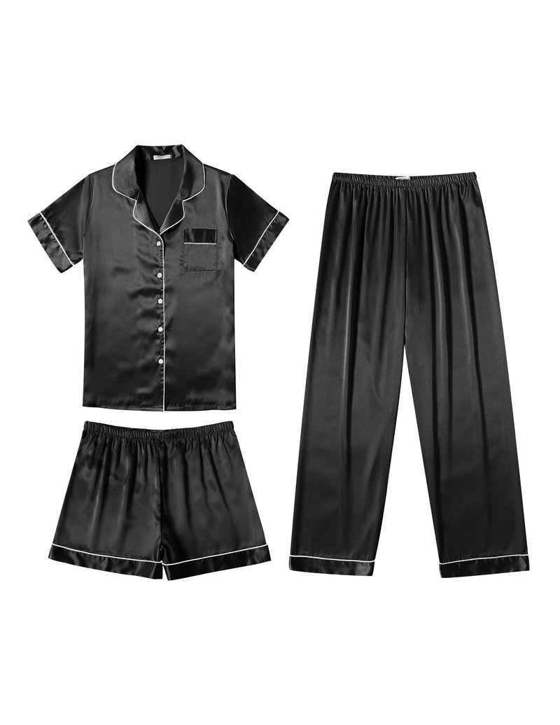 Black satin pajama set with button shirt, shorts, and long matching pants