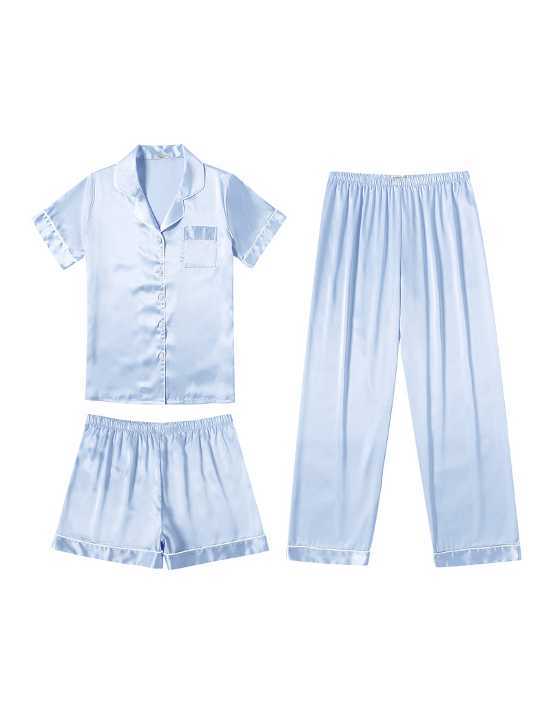 Light blue satin pajama set with short-sleeve button shirt, shorts, and long pants