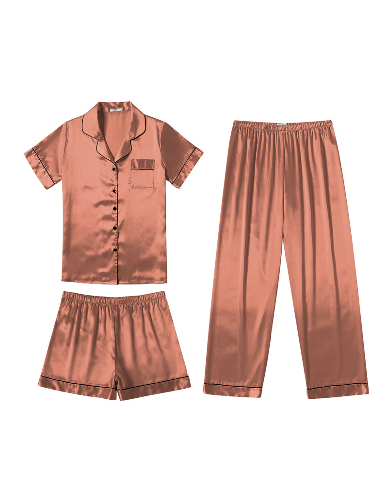 Brown satin pajama set with short-sleeve button shirt, shorts, and long pants