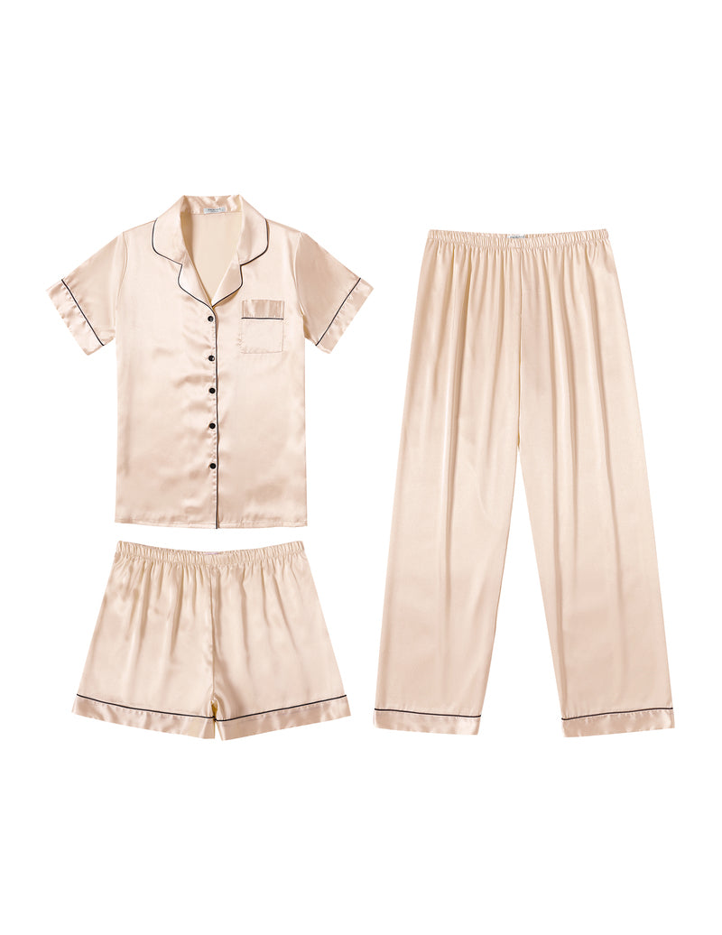 Champagne satin pajama set with button short-sleeve top, shorts, and pants