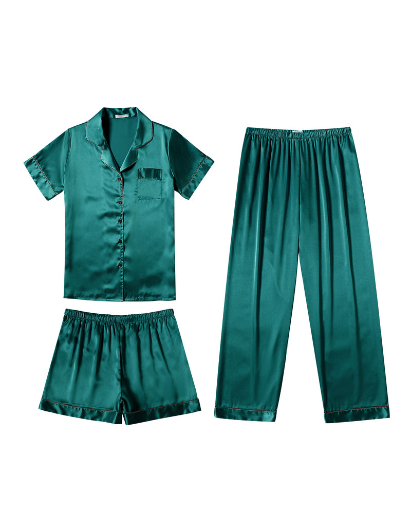 Dark green satin pajama set with button short-sleeve top, shorts, and pants