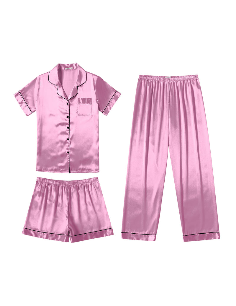 Mauve pink satin pajama set with button short-sleeve top, shorts, and pants