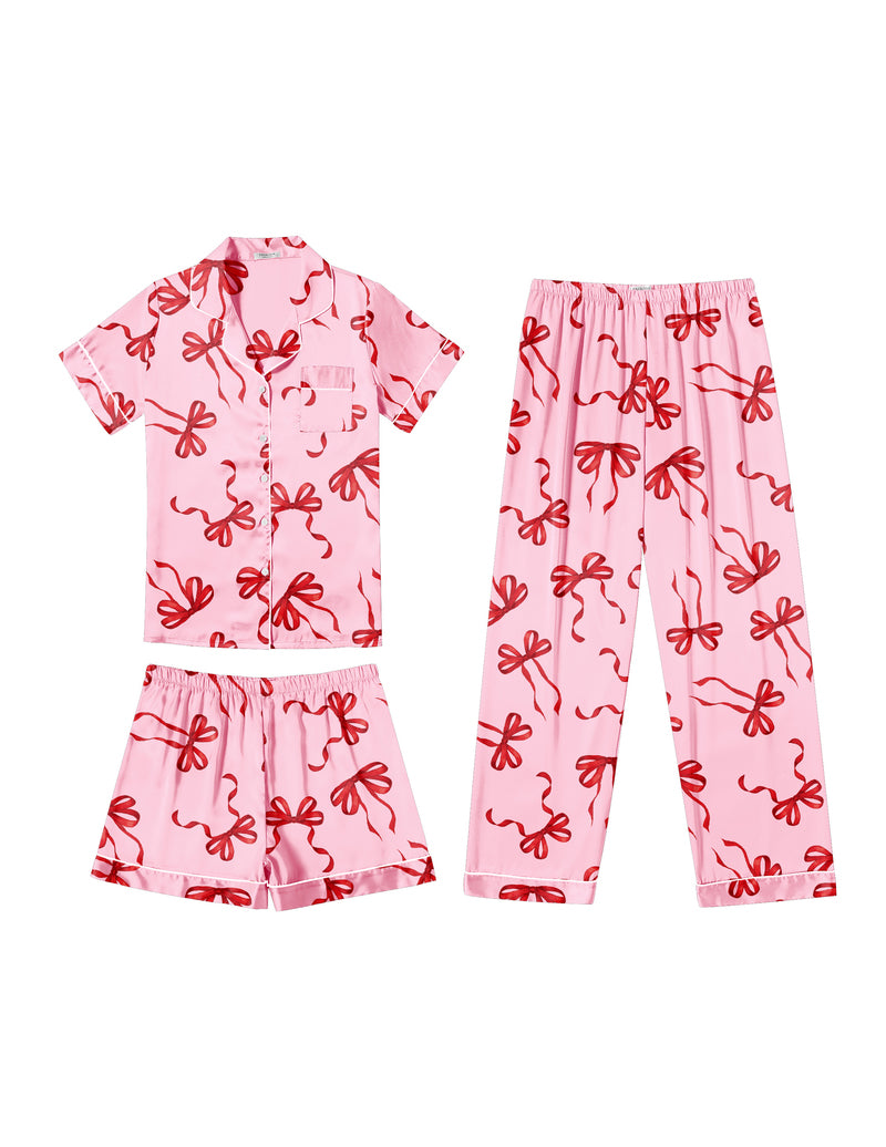 3-piece satin pajama set, pink with red bow print button shirt, shorts and pants