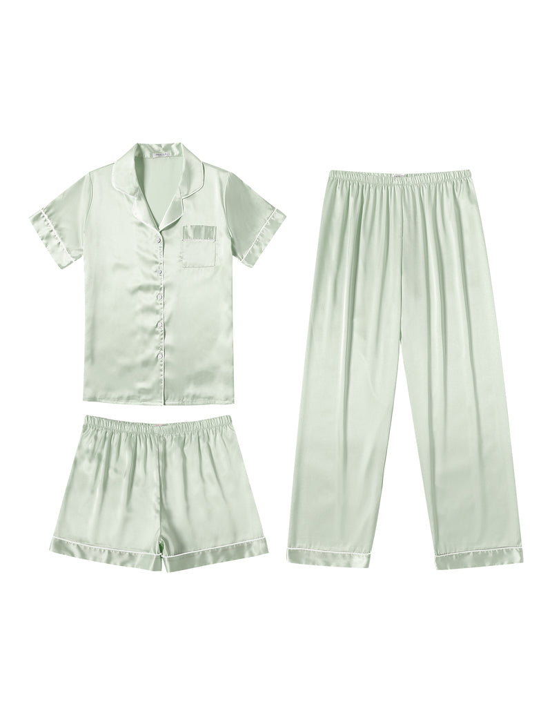 3-piece satin pajama set, mint green button-up shirt with shorts and long pants