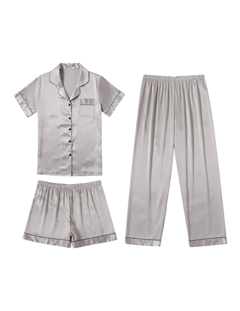 3-piece satin pajama set, light gray button-up shirt with shorts and long pants