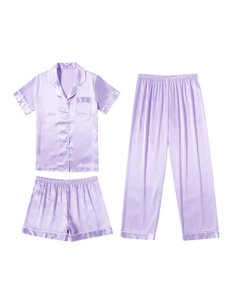 3-piece satin pajama set, lavender button-up shirt with shorts and long pants