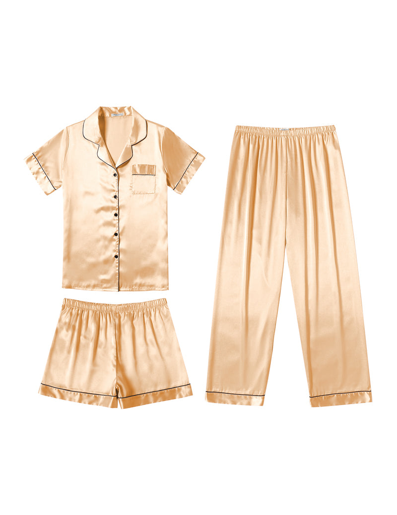 3-piece satin pajama set, champagne gold button-up shirt with shorts and long pants