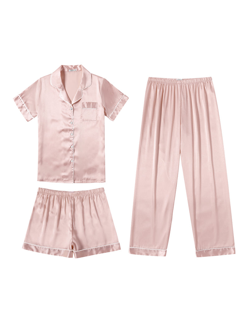 Light pink satin pajama set with button shirt, shorts, and long pants