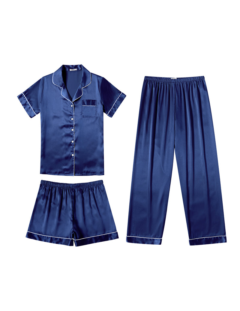 Navy satin pajama set with button shirt, shorts, and long pants
