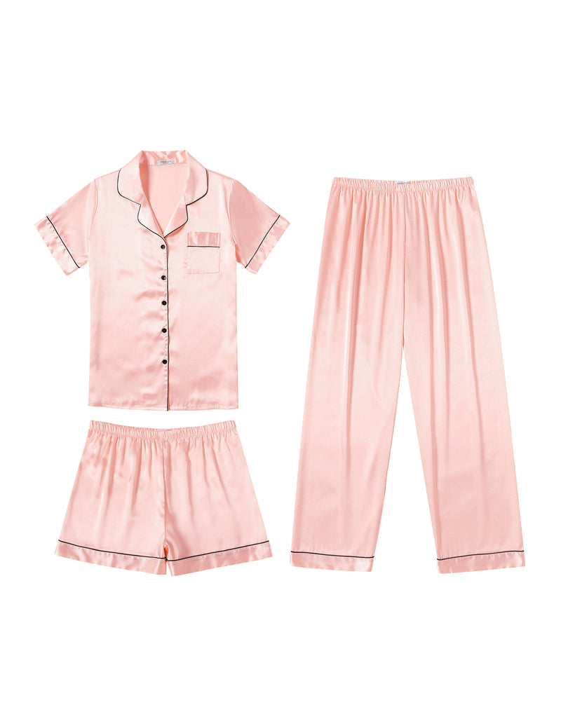 Blush pink satin pajama set with button shirt, shorts, and long pants