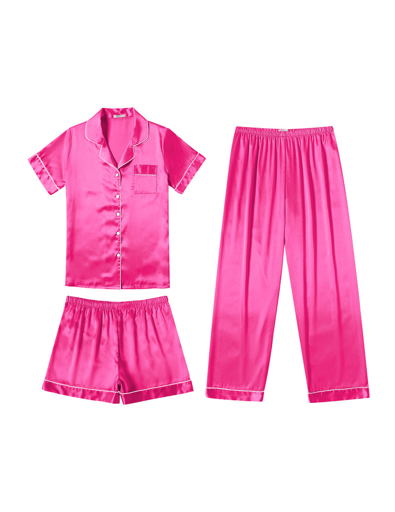 Bright pink satin pajama set with button shirt, shorts, and long pants