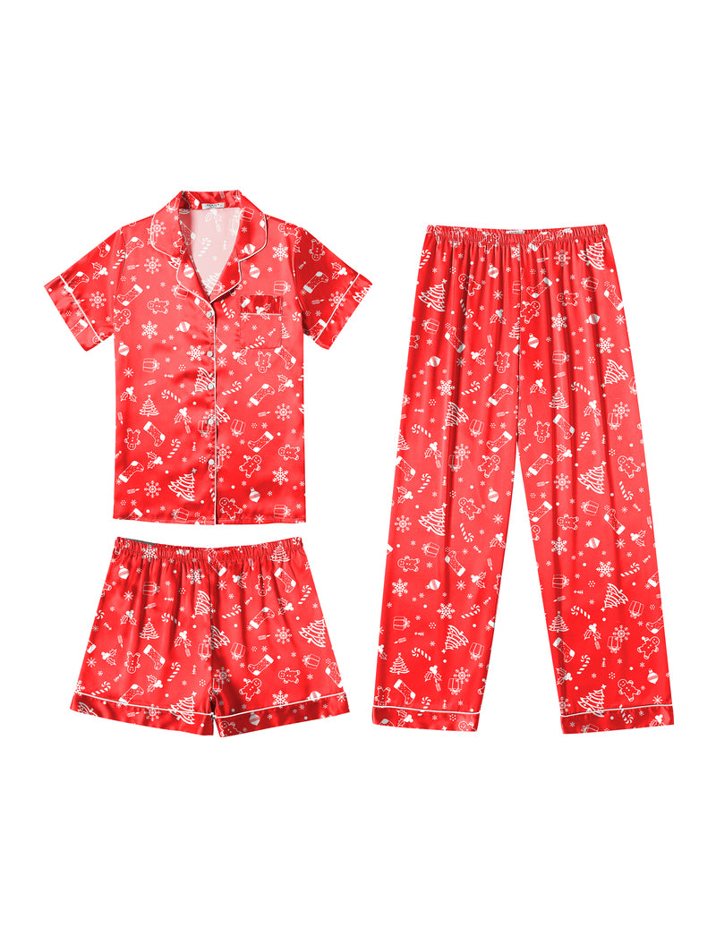 Red satin pajama set with white floral print: button shirt, shorts and long pants.