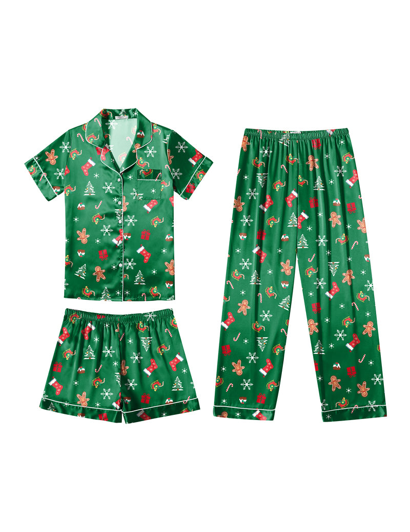 Green satin pajama set with festive print: button shirt, shorts and elastic-waist pants.