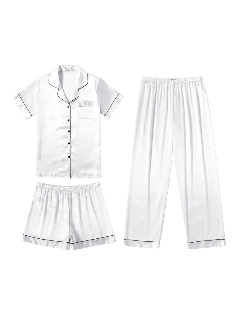 White satin pajama set: short-sleeve button shirt, shorts and elastic-waist pants.