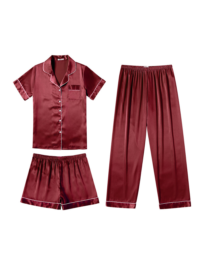 Burgundy satin pajama set: short-sleeve button shirt, shorts and elastic-waist pants.