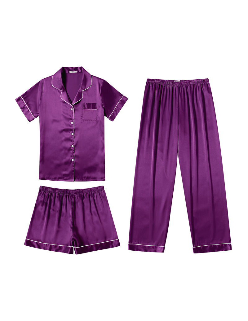 Purple satin 3-piece pajama set with button-up top, shorts, and wide-leg pants