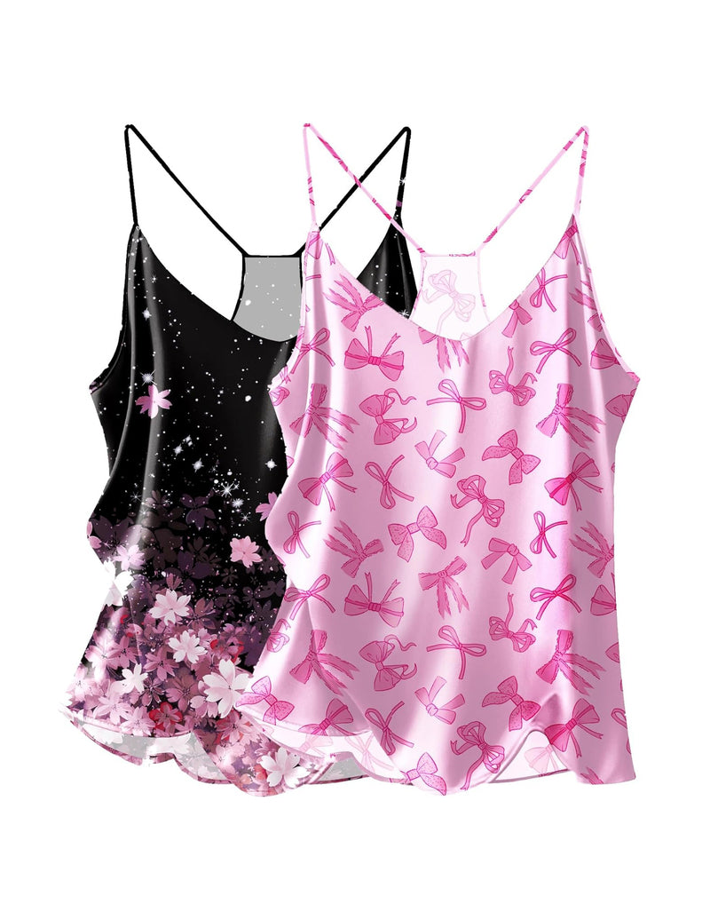 Satin V-neck cami tops 2-pack: black and pink floral-pattern