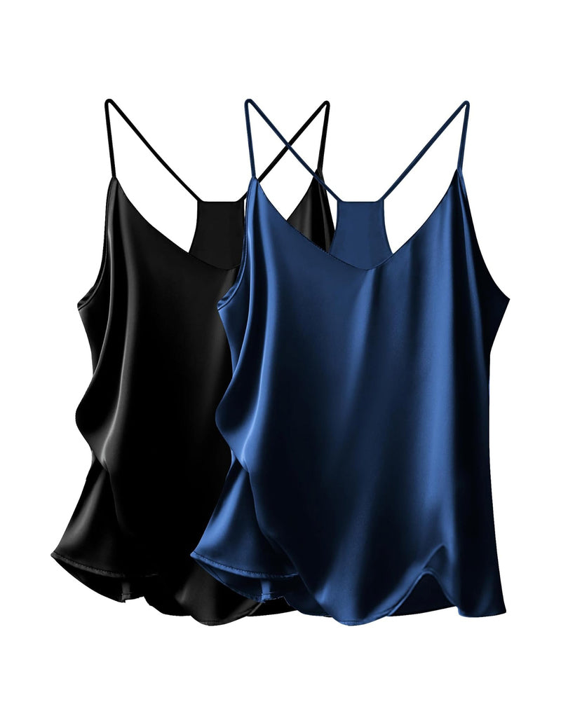 Satin V-neck cami tops 2-pack: black and navy blue