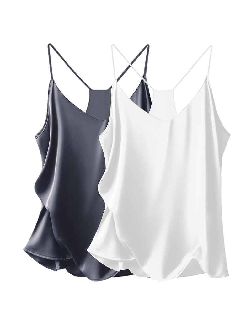 Satin V-neck cami tops 2-pack: dark gray and white