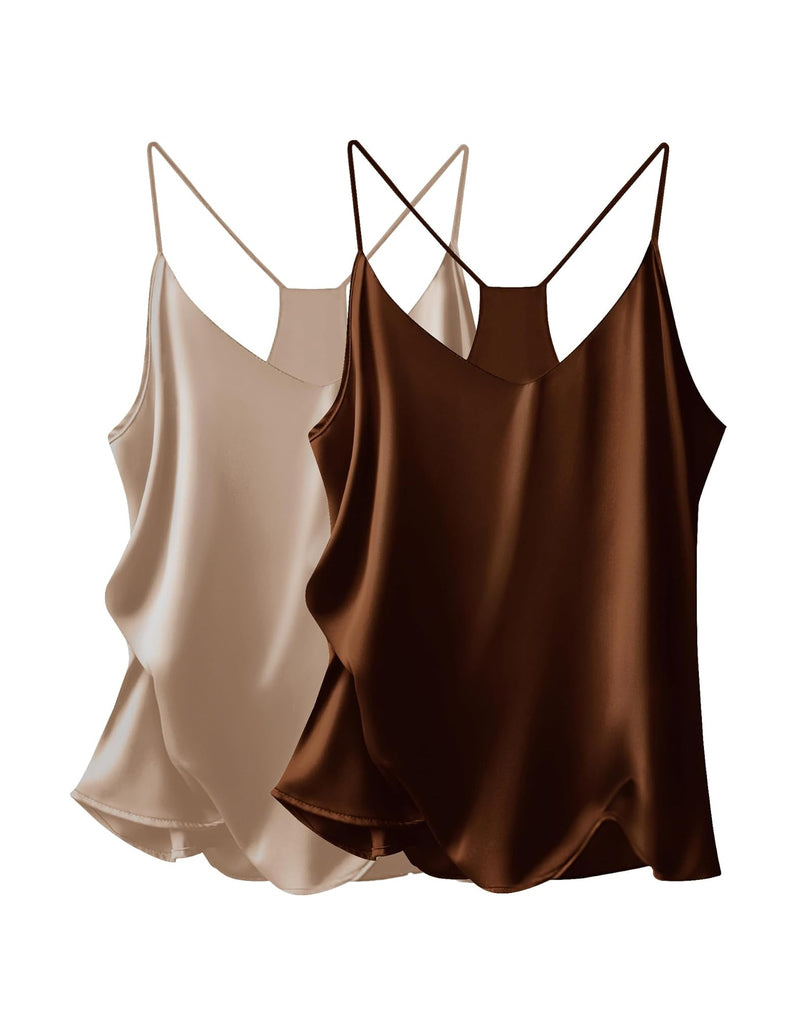 Satin V-neck cami tops 2-pack: beige and brown
