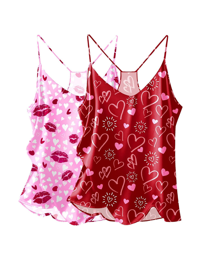 Satin V-neck cami tops 2-pack: pink and dark red heart pattern