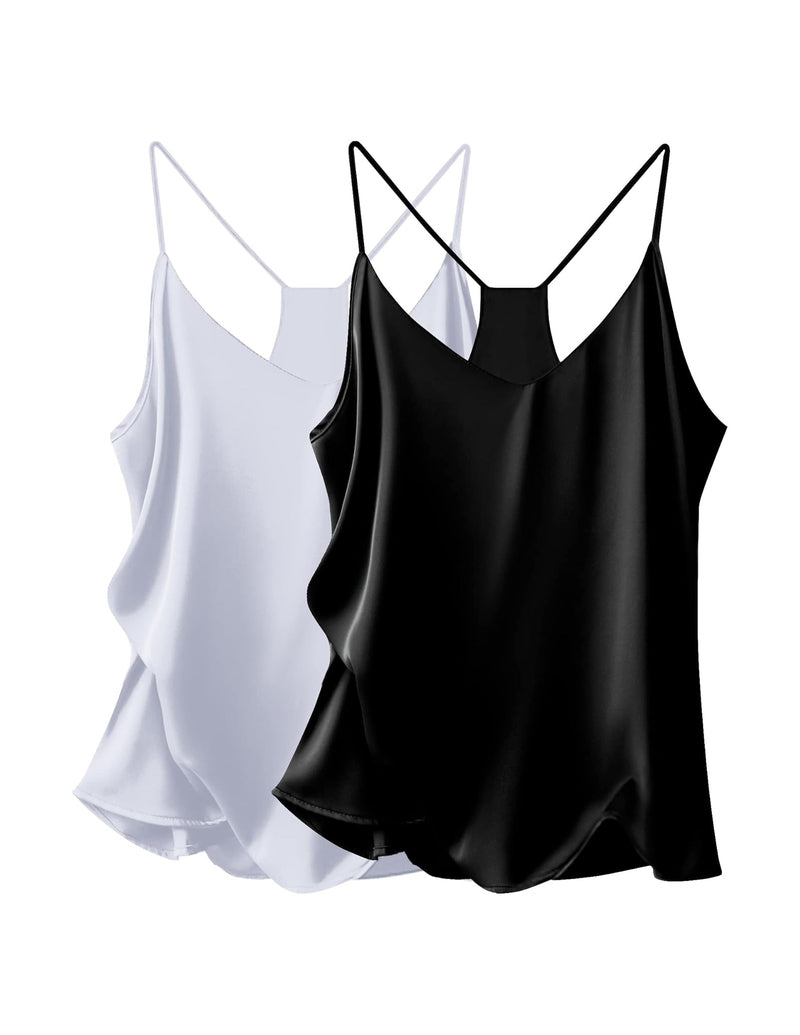 Satin V-neck cami tops 2-pack: white and black