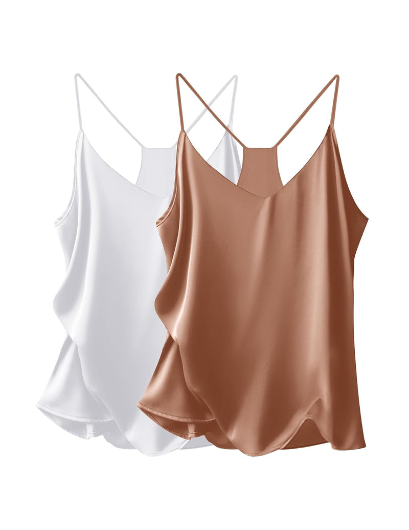 Satin V-neck cami tops 2-pack: white and light brown