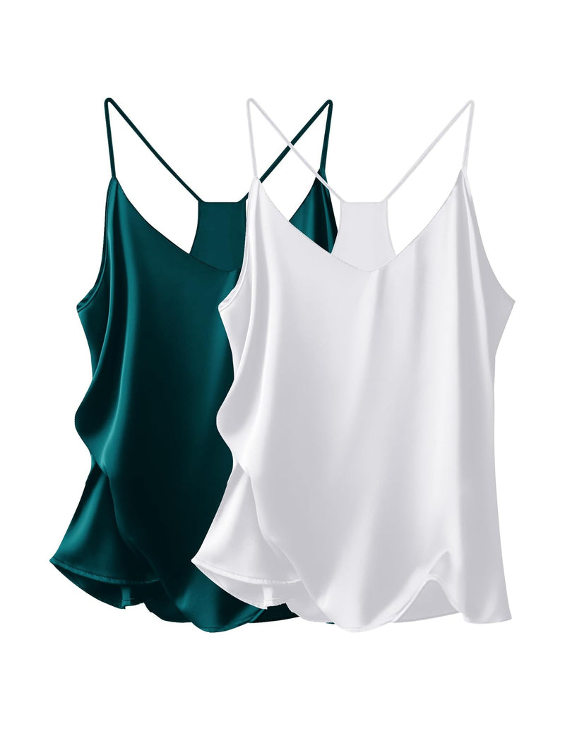 Satin V-neck cami tops, dark green and white, thin straps, 2-pack