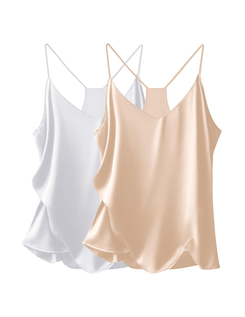 Satin V-neck cami tops, white and champagne nude, thin straps with curved hem