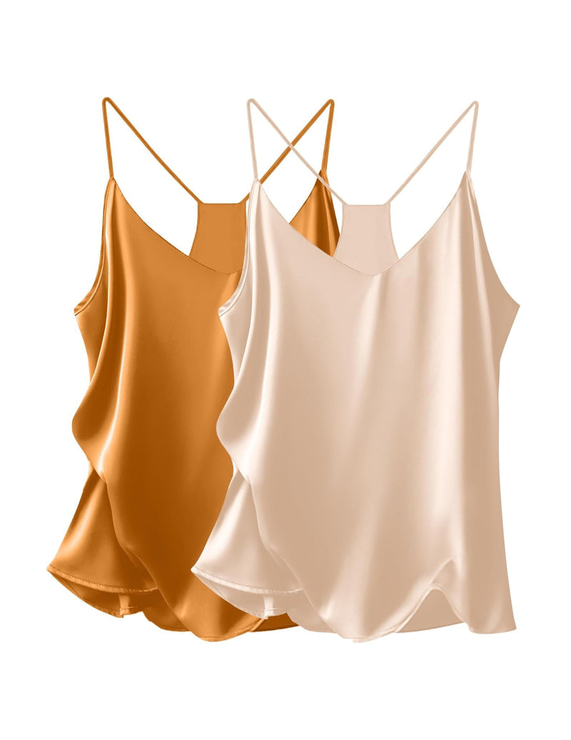 Satin V-neck cami tops, golden brown and champagne nude, thin straps with curved hem