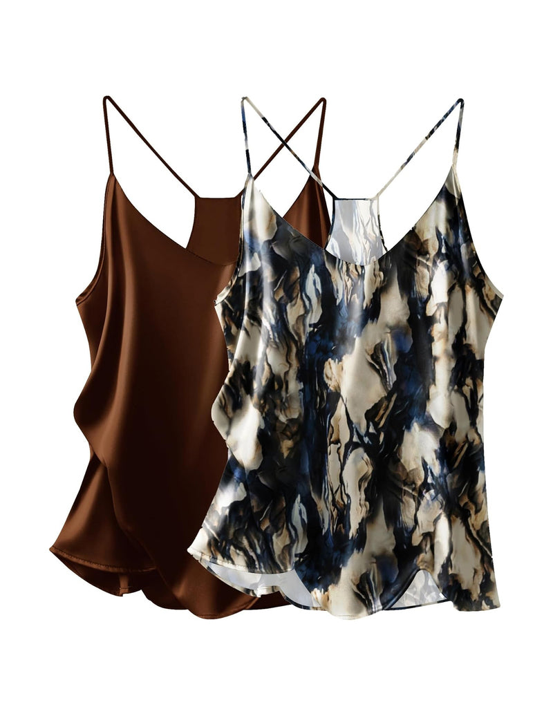 Satin V-neck cami tops, brown solid and blue/black abstract print, thin straps