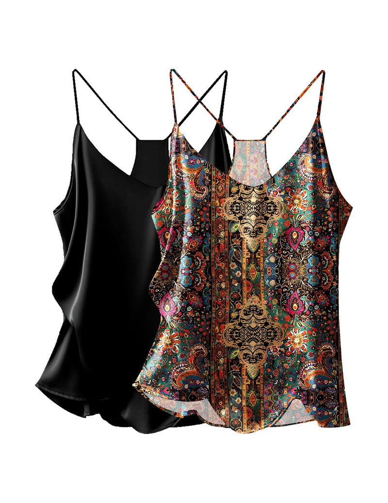 Satin V-neck cami tops, black solid and colorful paisley print, thin straps