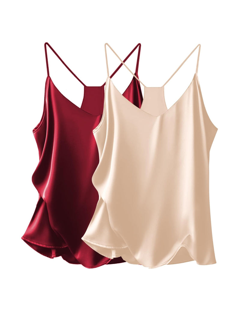 Satin V-neck cami tops, burgundy and champagne nude, thin straps with curved hem