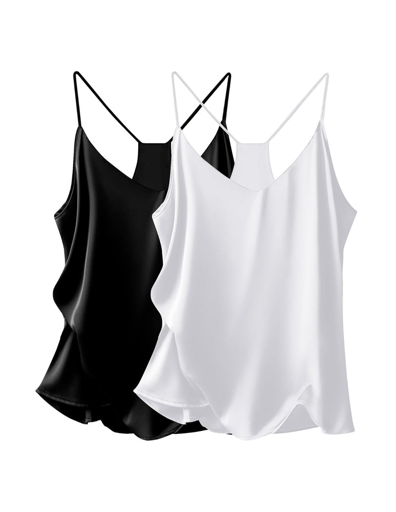 Satin V-neck cami tops 2-pack: black and white