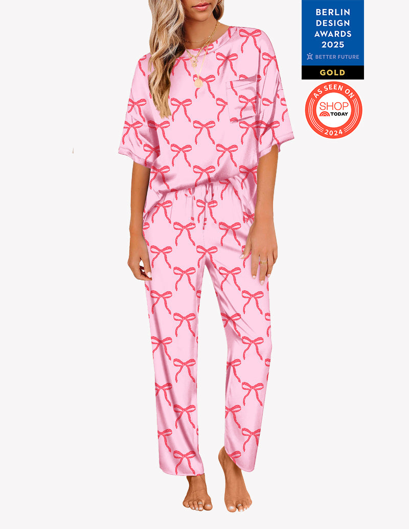 Ekouaer Teddy Printed Satin Silky Pajama Set Soft PJ Loungewear