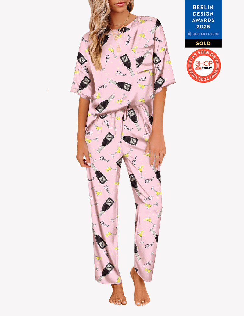 Ekouaer Teddy Printed Satin Silky Pajama Set Soft PJ Loungewear