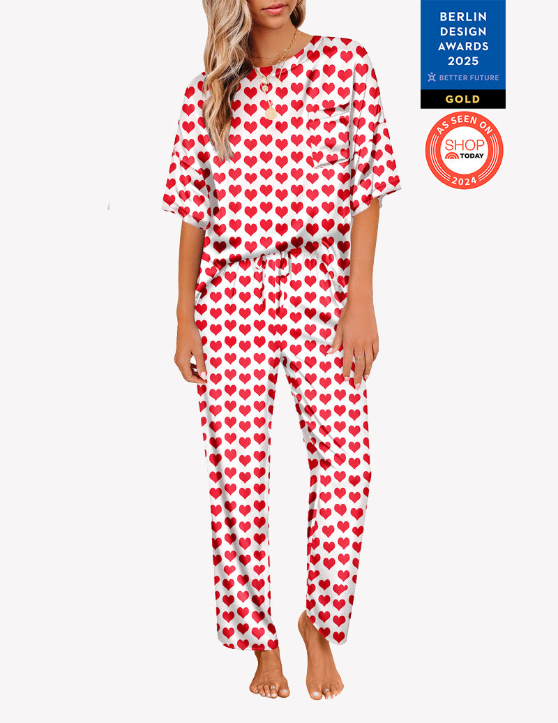 Ekouaer Teddy Printed Satin Silky Pajama Set Soft PJ Loungewear