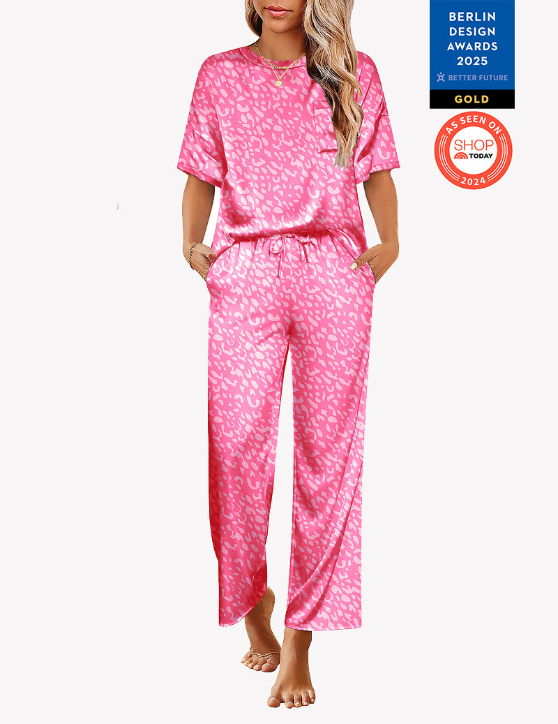 Ekouaer Teddy Printed Satin Silky Pajama Set Soft PJ Loungewear