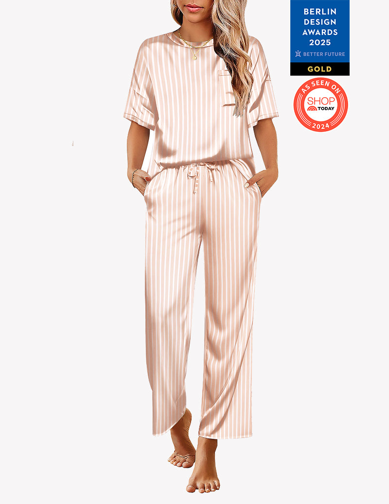 Ekouaer Teddy Printed Satin Silky Pajama Set Soft PJ Loungewear