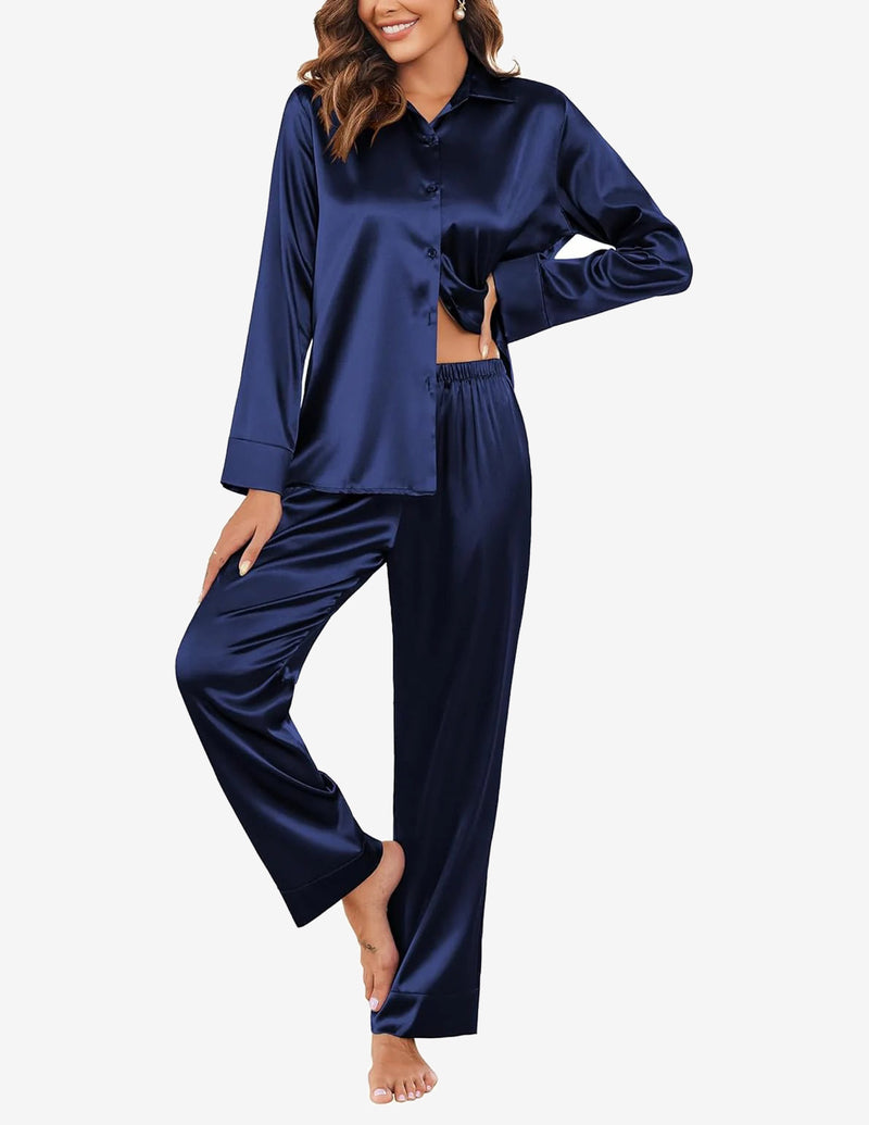 Ekouaer Silk Satin Long Sleeve Pajamas Set