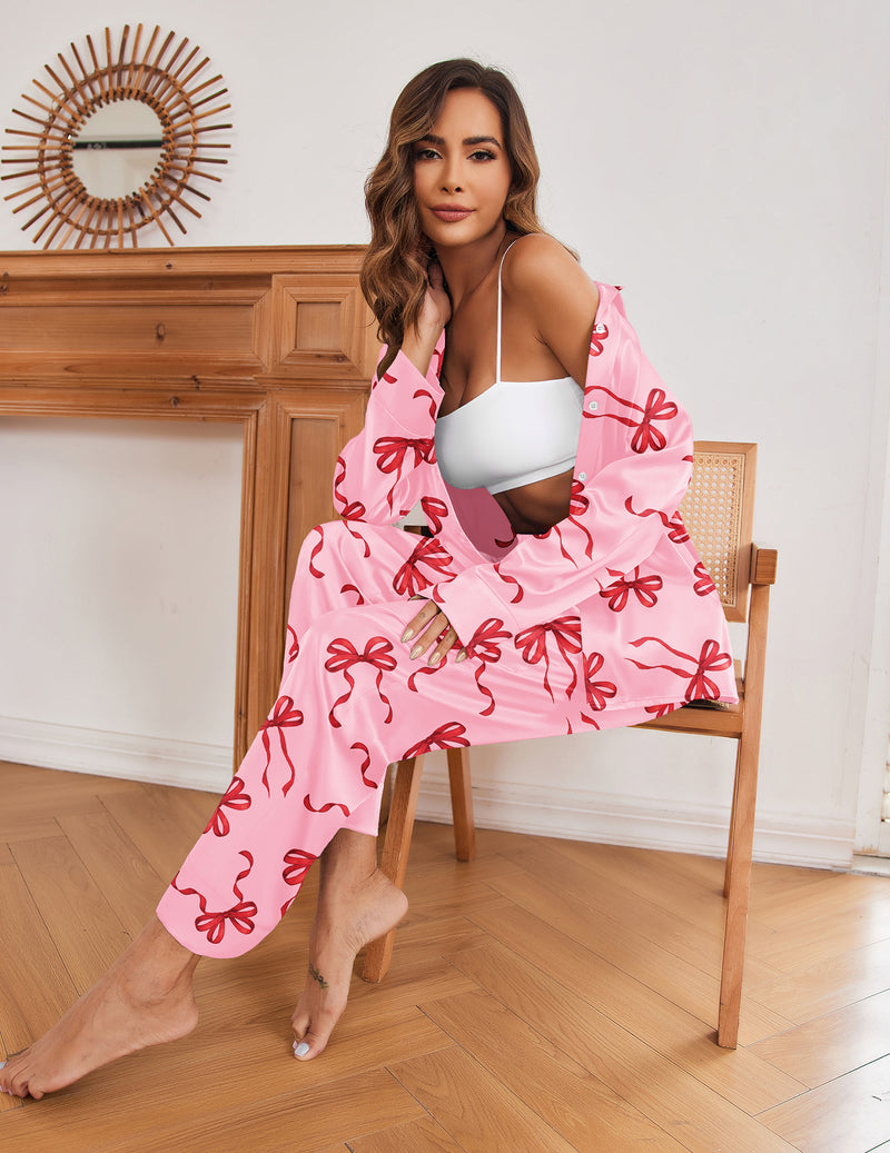 Ekouaer Silk Satin Long Sleeve Pajamas Set