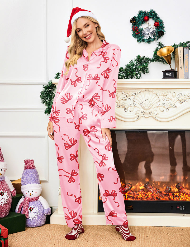 Ekouaer Silk Satin Long Sleeve Pajamas Set