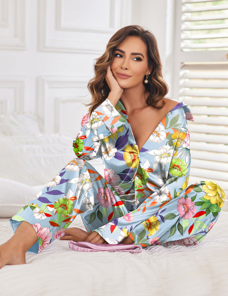 Ekouaer Silk Satin Long Sleeve Pajamas Set