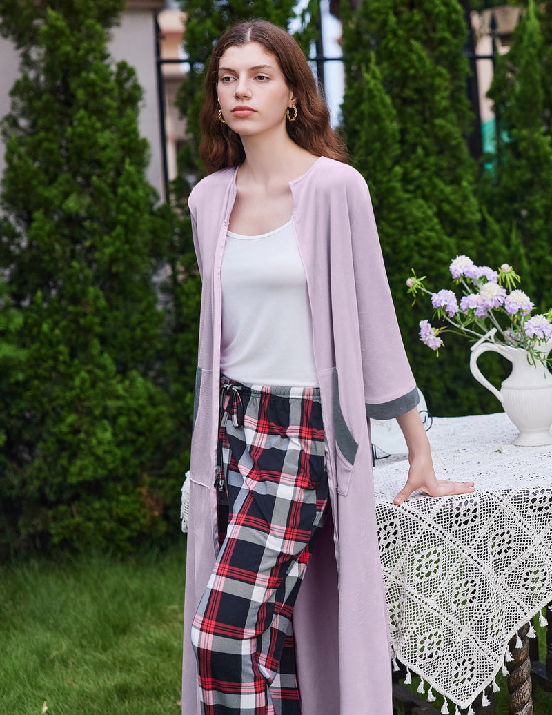 Velour Zipper Robe 3/4 Sleeves Housecoat with Pockets