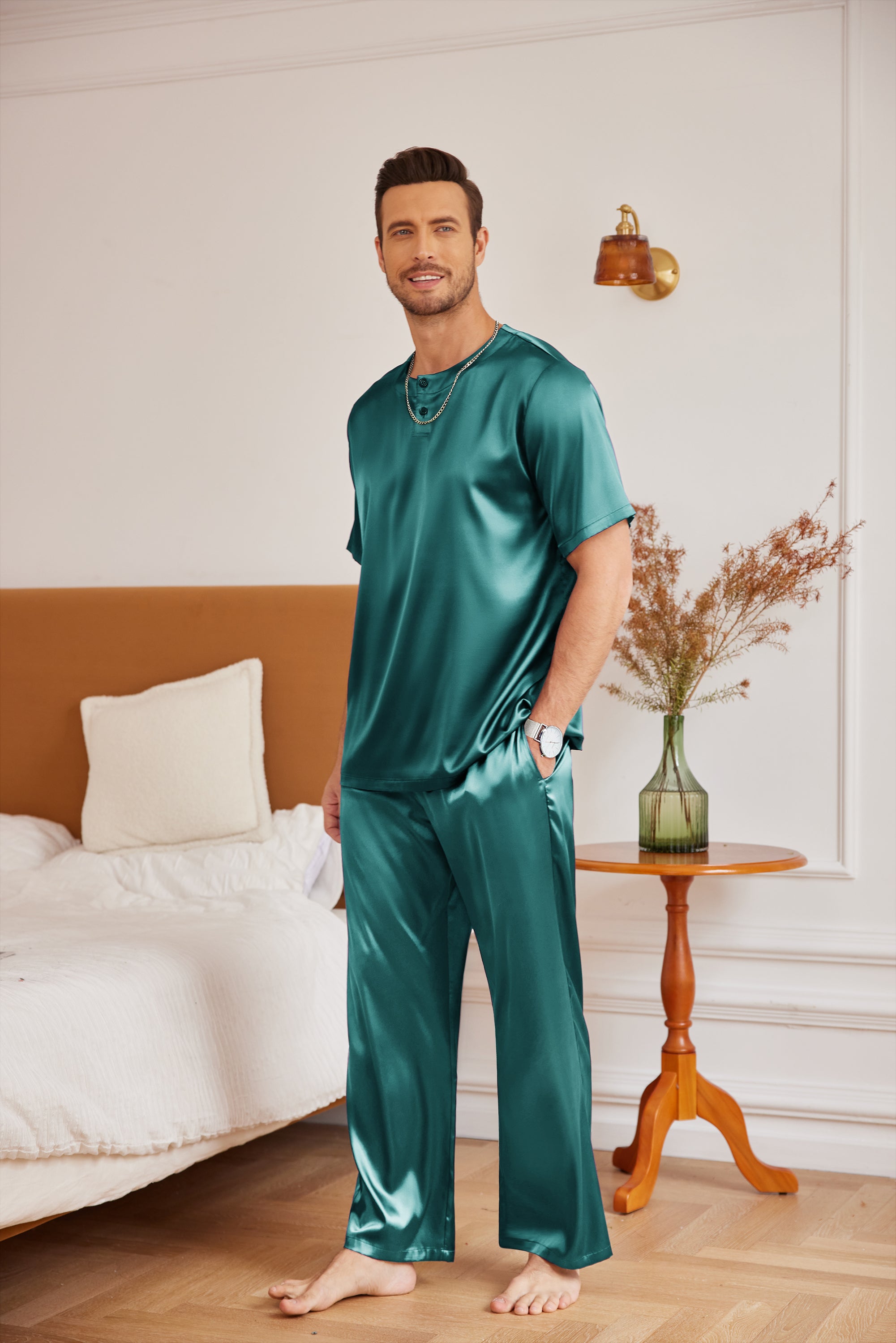 Men Soft Silk Satin Pajama Set