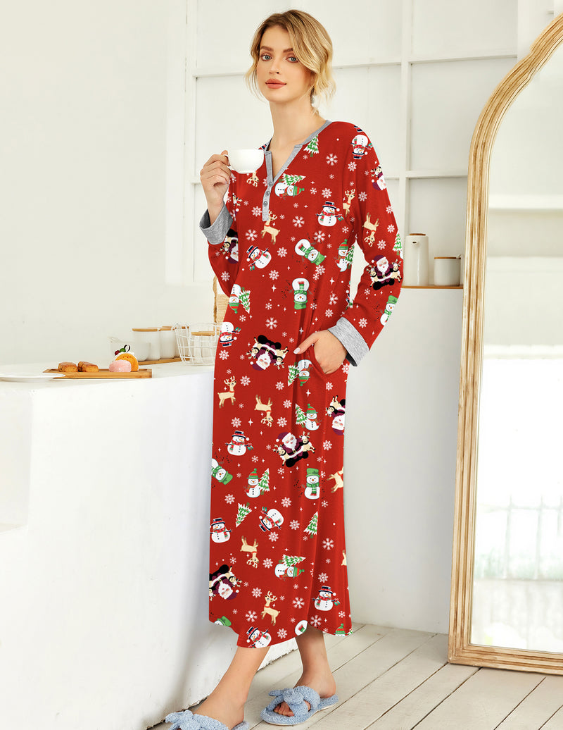 Button V Neck Nightshirt Full Length Sleepshirt with Pockets