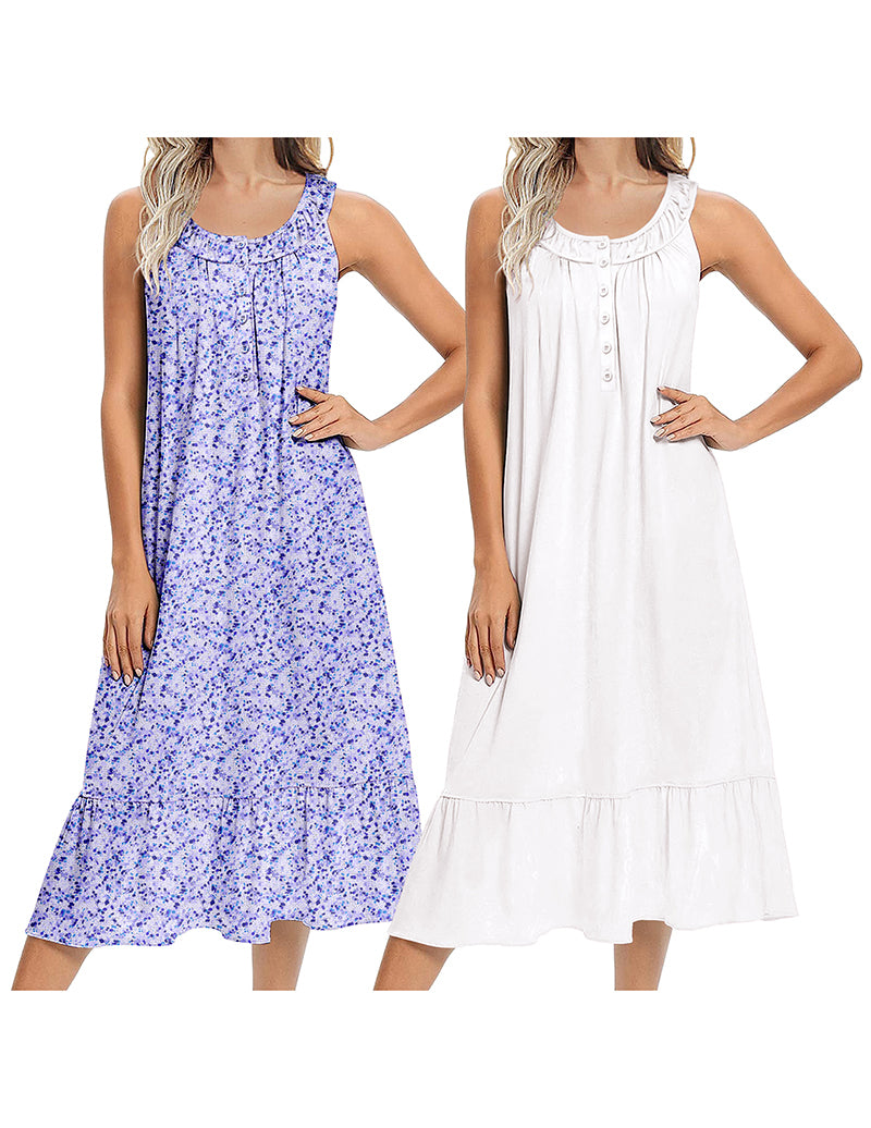 Two sleeveless long nightgowns: purple floral and white solid, button front