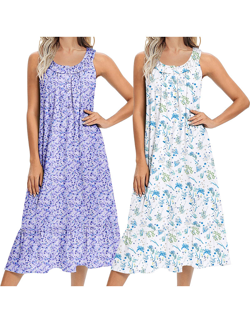 Two sleeveless long nightgowns: purple floral and white with blue-green sprig print