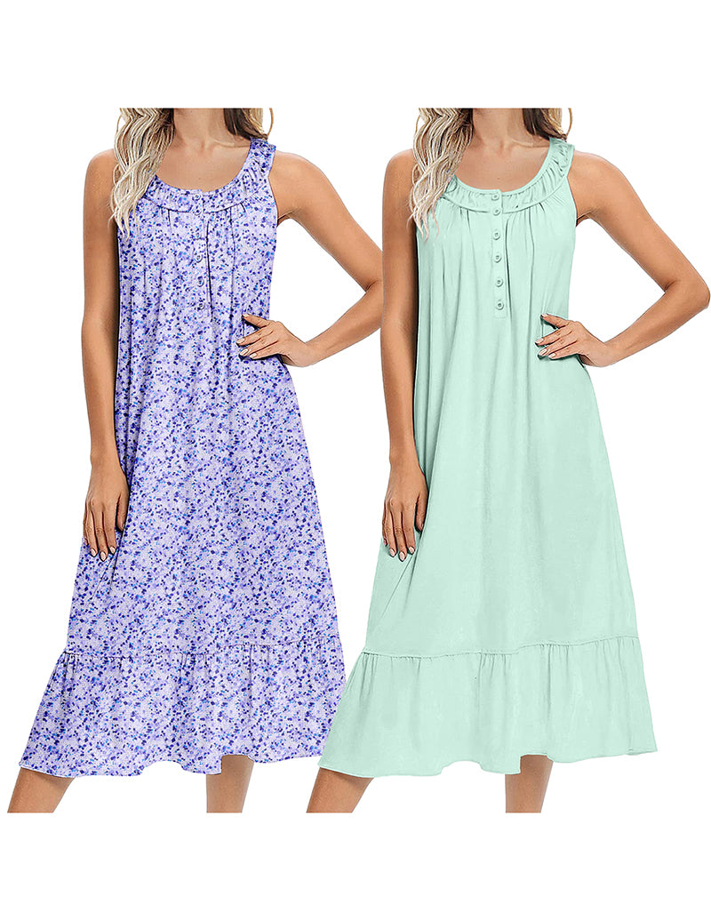 Two sleeveless long nightgowns: purple floral and mint green solid, button front
